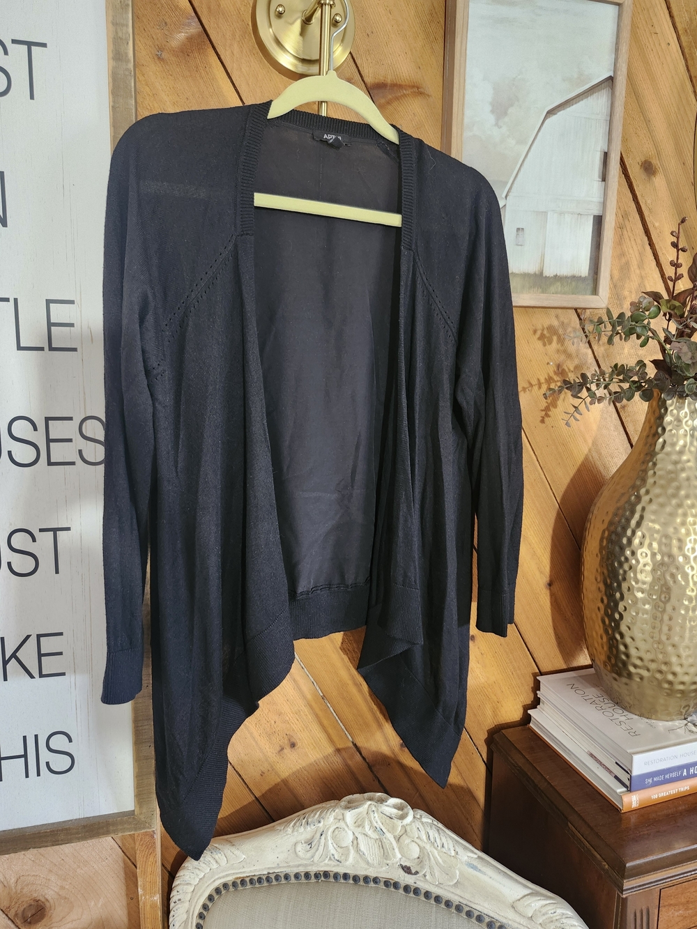Black Draped Open Fron Cardigan Lightweight Waterfall Boho Soft Layering Sweater - Picture 3 of 4